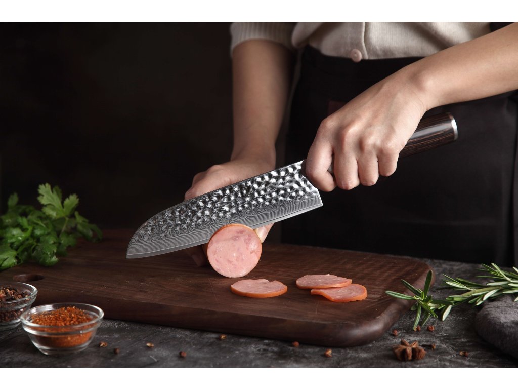 Schneiden mit dem Santoku Messer XinZuo He B1H