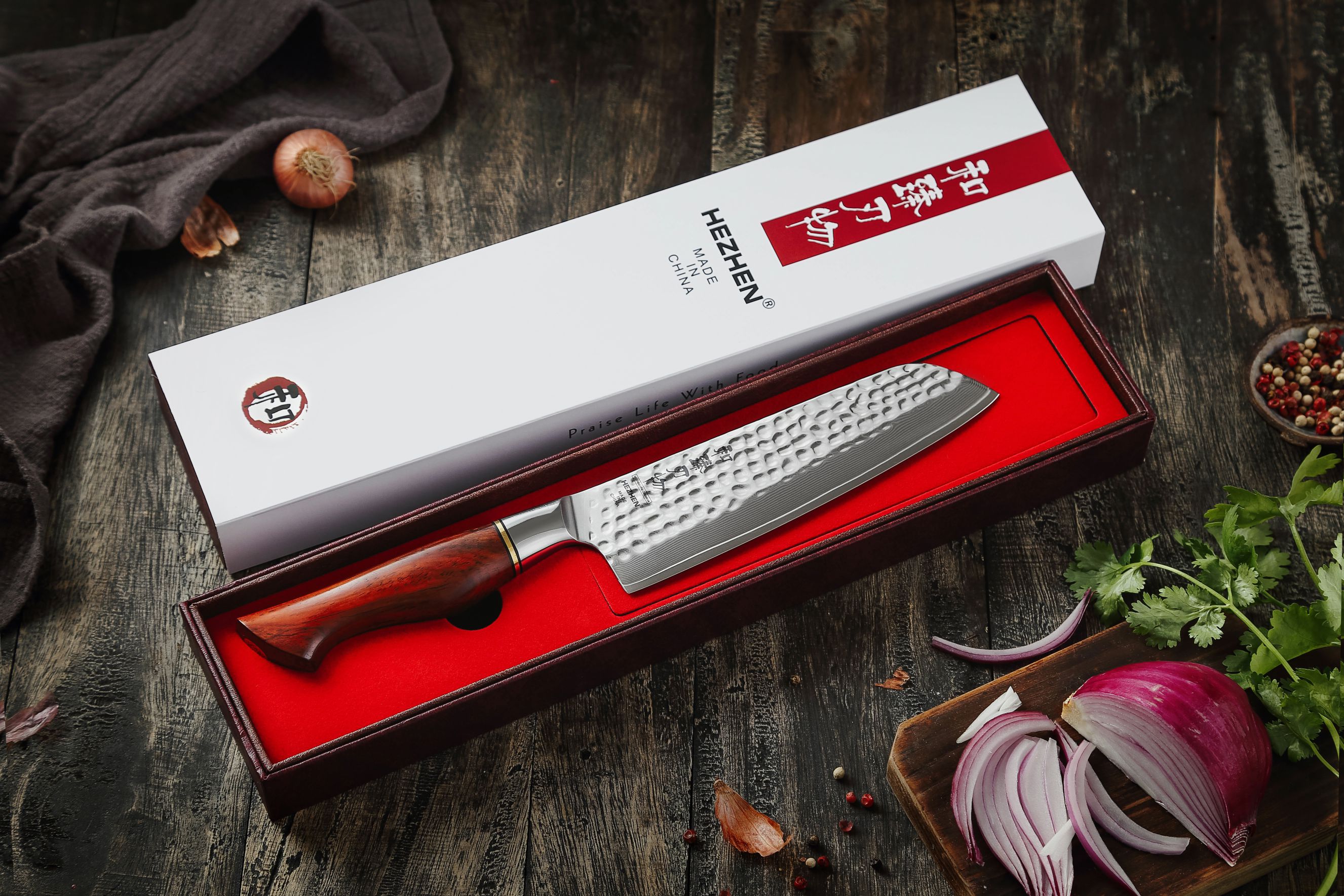 Luxuriöse Geschenkbox Santoku Messer HEZHEN Master B30R